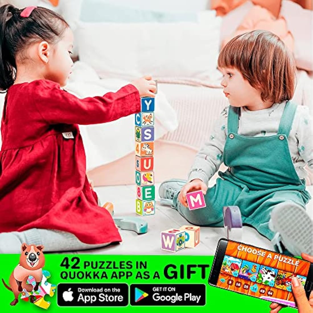 QUOKKA Wooden Building Blocks for 1 2 3 Year Olds - Baby Blocks Toys for Boys & Girls - 26 Number & Alphabet Puzzle Blocks for Toddlers - Educational Game for 4 5 6 Year Old Kids