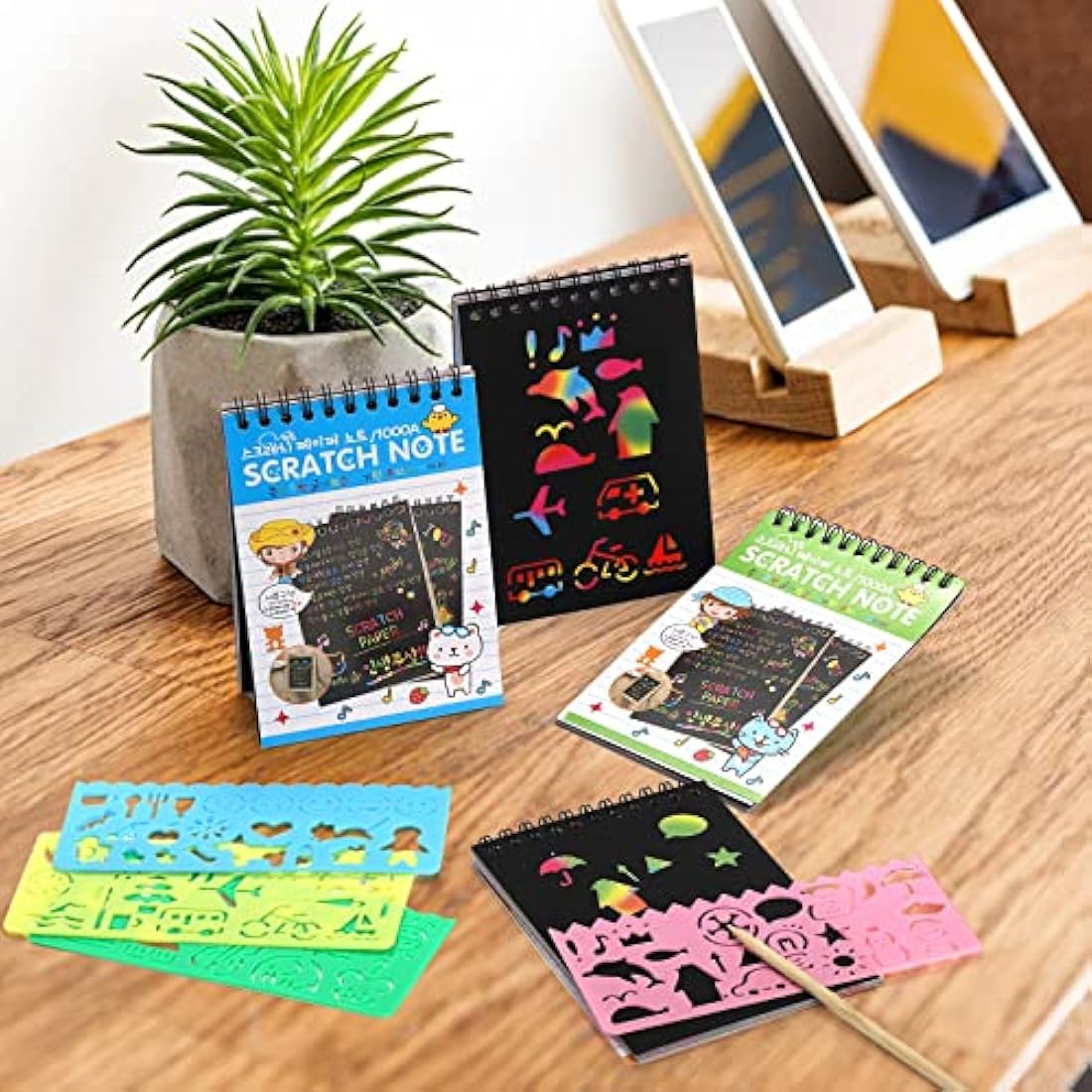 Suwimut 24 Pack Rainbow Scratch Paper Art Notebooks, Scratch Note Pads Rainbow Scratch Paper Black Scratch Off Note Sheet with 24 Wooden Stylus & 4 Drawing Stencils for People Birthday Gift