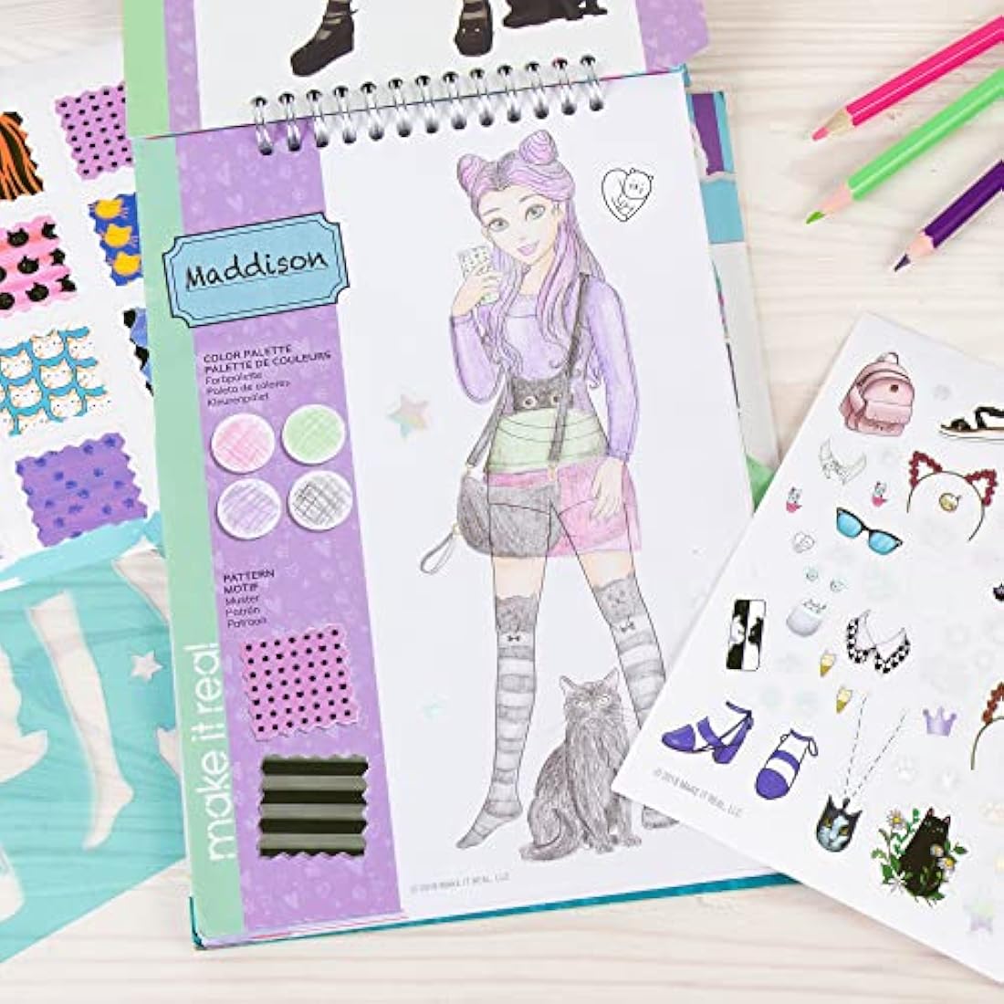 Make It Real Kitty Inspired Fashion Sketchbook with Stencils and Stickers for Creativity - Kids Arts and Crafts Colouring Book - Girls Gifts…