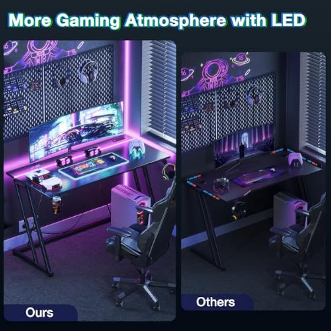 ODK Gaming Desk with LED Lights & Power Outlet, Gaming Table with Cup Holder and Headphone Hook, Double Z Frame Design Computer Desk Carbon Fiber Black 80 cm
