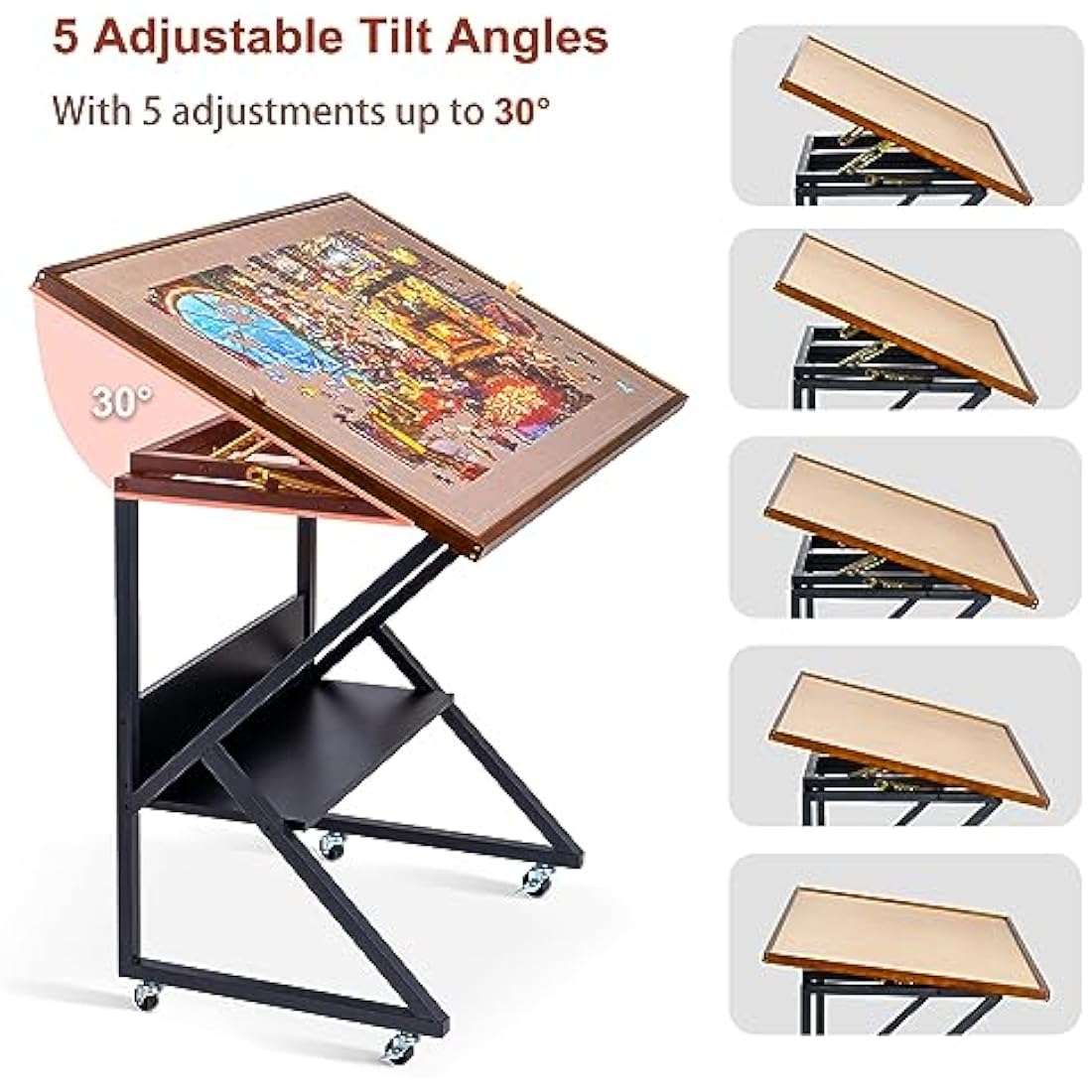 Lavievert Jigsaw Puzzle Tables with Cover and 5 Adjustable Angles, Double-sided Puzzle Board Easel with Auxiliary Line, Wooden Tilting Board with Storage Shelf & 4 Rolling Wheels for Up to 1500 Pieces