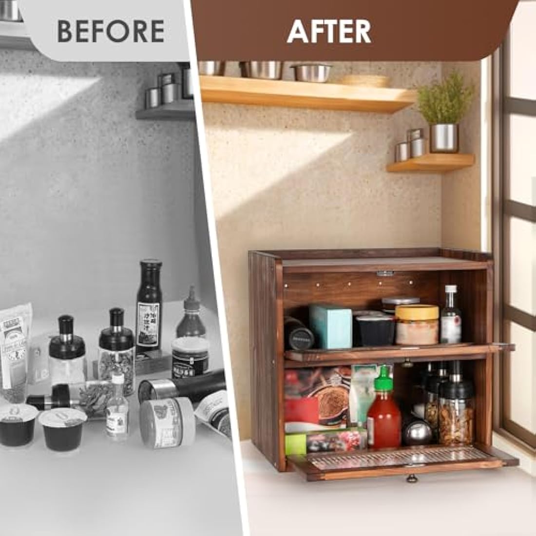 GUUSII HOME Bread Bin Wooden Breads Storage Box for Kitchen Countertop Double Decker Large food Container Homemade Front Opening Vintage Tall Fruit & Veg Cupboard Keep Fresh 36.5x24x34 cm(Brown, L)