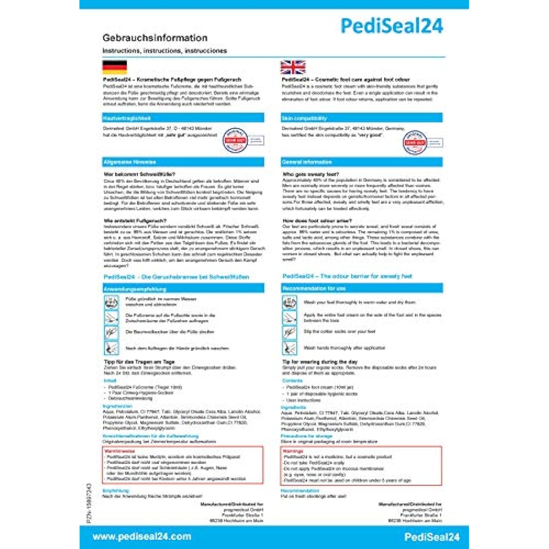 PediSeal24 Foot Cream Deodorant - 1 x 10 ml jar with long-term effect against foot odor, includes disposable hygiene socks