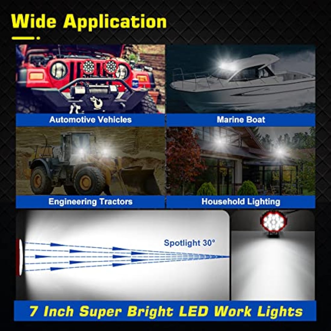WOWLED Off Road Work Lights, 2 Pcs 7" 51W Round LED Driving Work Light Headlight, Red 7 Inch 4x4 Spot Lights 12V 24V Work Lamp for Offroad Driving SUV 4WD ATV Truck Tractor Boat Car