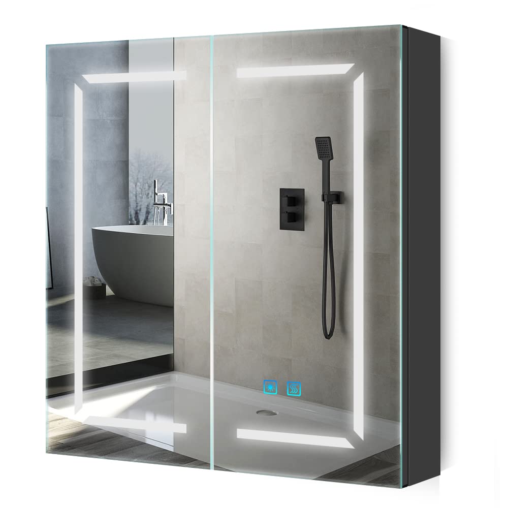 Quavikey?LED Bathroom Mirror Cabinet with Shaver Socket and Light Black Bathroom Cabinet with Mirror 3 Color Changing Removeable Shelf Built-in