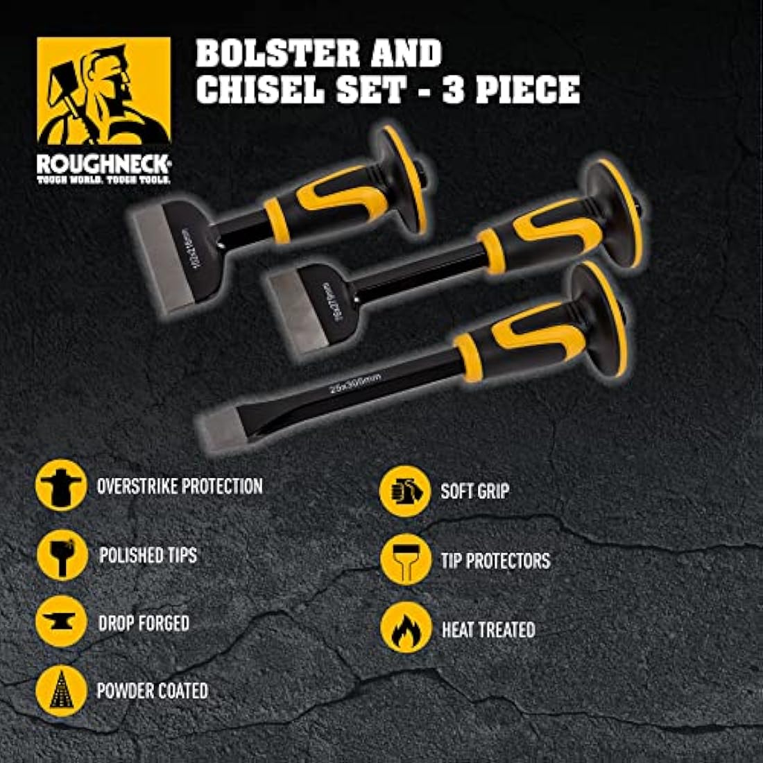 Roughneck ROU31993 Bolster & Chisel Set - 3 Piece Including: Brick Bolster 102x216mm (4x8½in) Electrician’s Bolster76x279mm (3x11in) & x1 Cold Chisel 25x305mm (1x12in), Multi