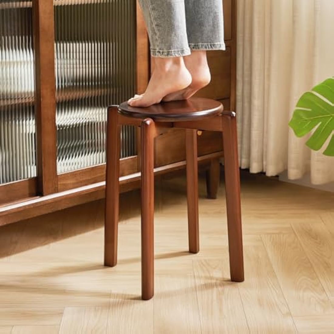 YMYNY 4pcs Solid Wood Round Stool, Shoes change Stool, Dressing Stool, Small stool, Stackable Stools for Living Room, Dining Room, Kitchen, Classroom, 27×27×45CM Brown HBD026H-4