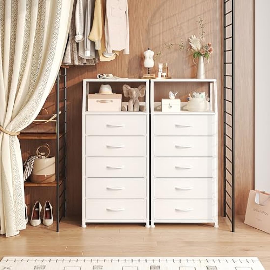 CAIYUN Chest of Drawers Bedroom with 5 Drawers, Tall Fabric Dresser with Shelf, Fabric Dresser for Entryway Hallway Living Room, Closet Storage Drawer, White