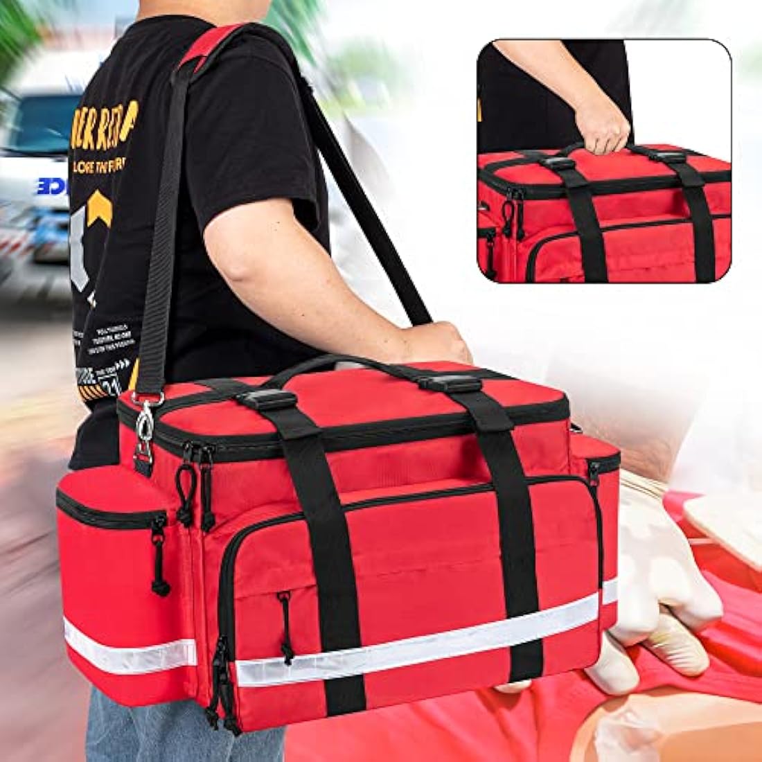 Damero Medical Supplies Bag - Empty First Responder Aid Bag with Detachable Dividers and Top Buckles, Ideal for Trauma, Home Health, Nurse, Red