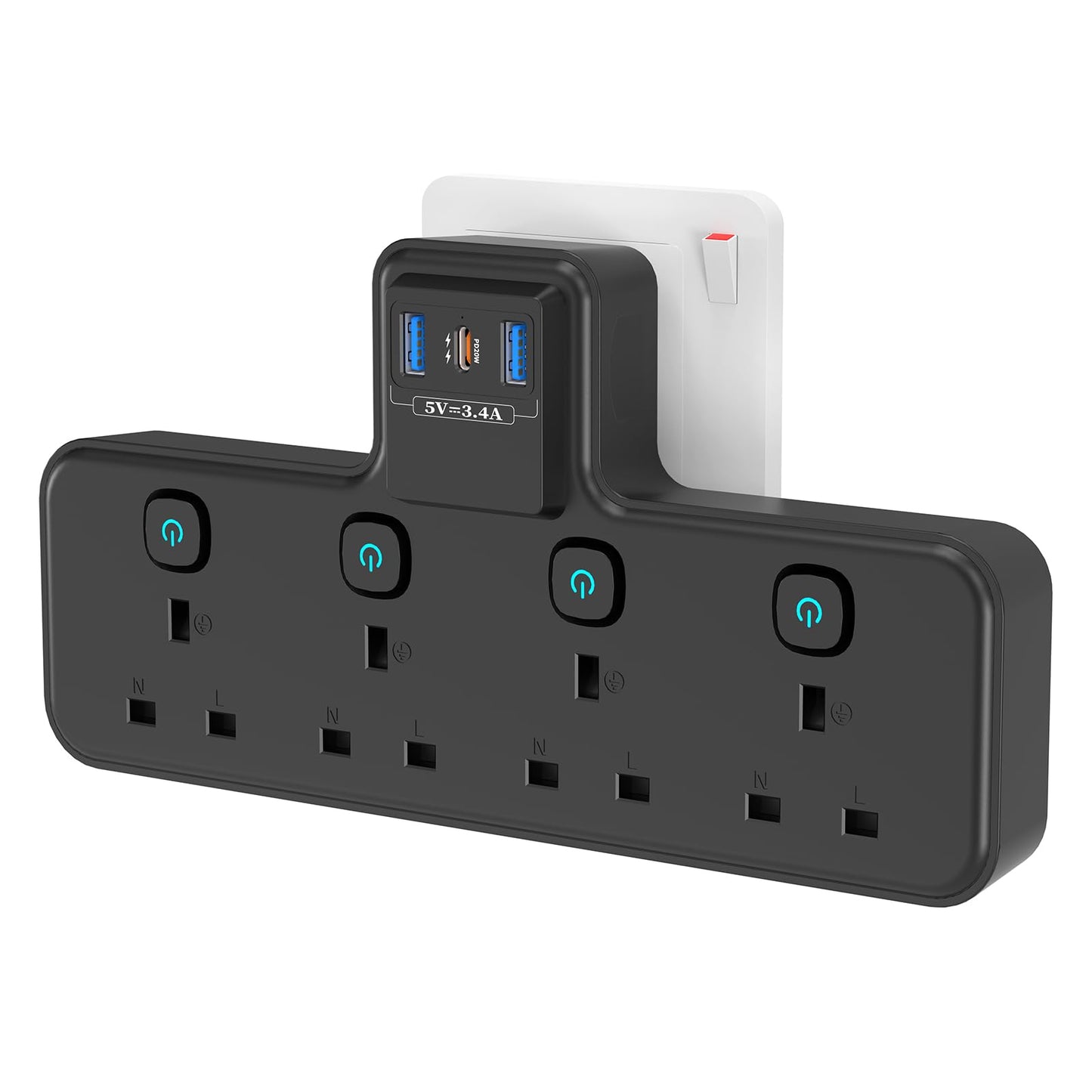 Multi Plug Extension Socket with PD20W USB C Slot, 4 Way Plug Adapter with Independent Switches 3 USB, PASSUS 13A 3250W UK Wall Adaptor Built-in Surge