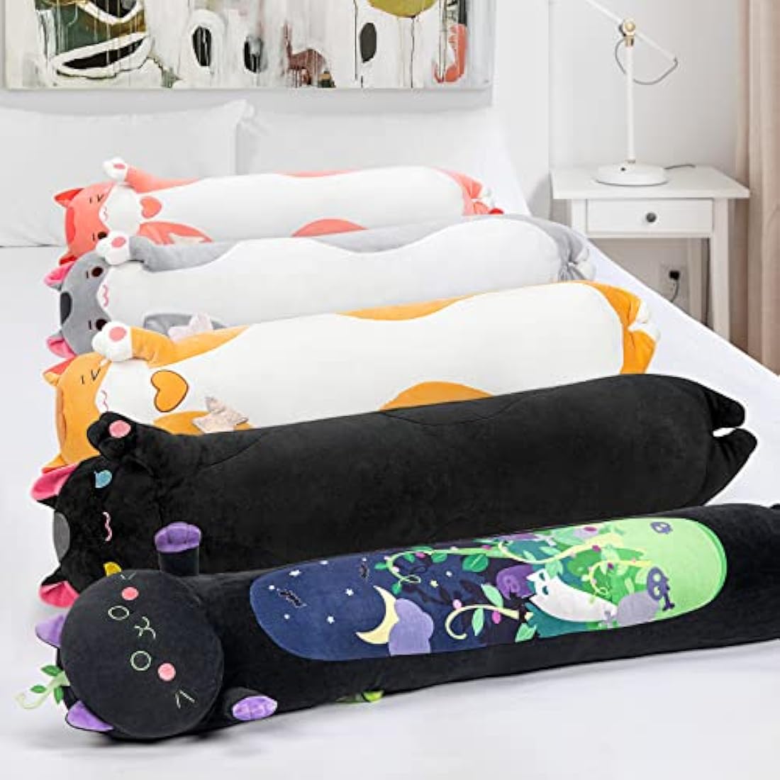 Mewaii 20in Long Devil Mint Cat Plush Pillows Stuffed Animals Squishy Pillows - Plushie Cute Kitty Sleeping Hugging Plush Pillow Soft Toys for Kids(Black)