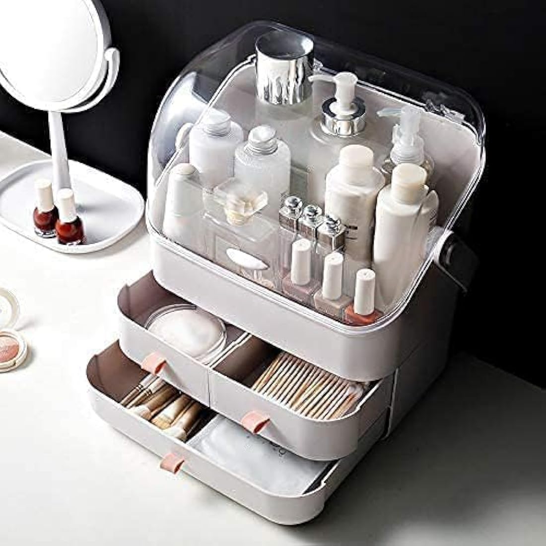 LINFIDITE Cosmetic Storage Box with Lid Makeup Organizer Box with Dust Free Cover Portable Handle,Large Makeup Display Case with Drawers Fully Open Lid,Great for Bathroom Countertop Bedroom Dresser