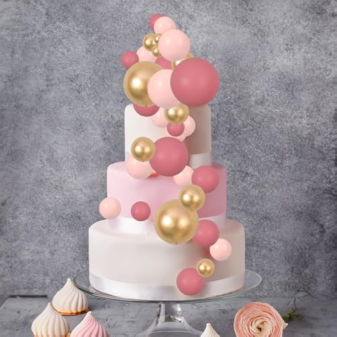 Gyufise 30Pcs Pink Gold Ball Cake Toppers Mini Balloon Cupcake Toppers DIY Foam Ball Cake Insert Decoration for Wedding Anniversary Birthday Party Supplies Decorations