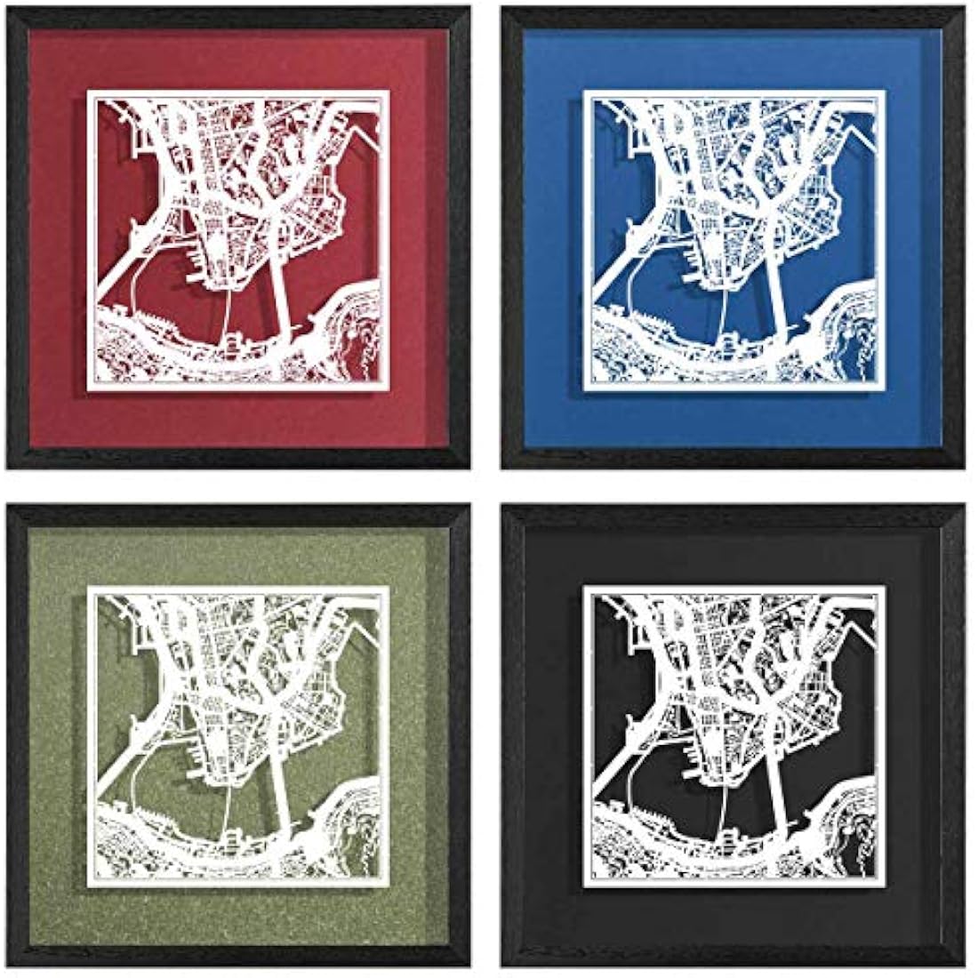 O3 DESIGN STUDIO Hong Kong Paper Cut Map framed, White map, Black frame, 9x9 inches, Gift Boxed, 4 background color, self-changing, Paper Art