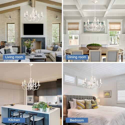 JIINOO French Country Chandeliers, 6 Light Vintage White Chandeliers Ceiling Light, Rustic Pendant Chandelier, Height Adjustable Farmhouse Pendant Light Fixture for Kitchen Dining Room Living Room
