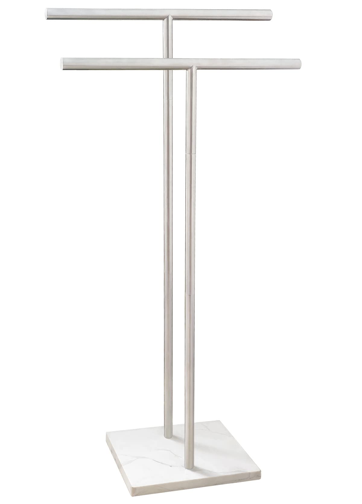 EADOT Standing Towel Rack Double-T Shape Bath Towel Sheet Holder with Marble Design Base for Bathroom Floor Next to Tub or Shower 2 Tier Towel Holder