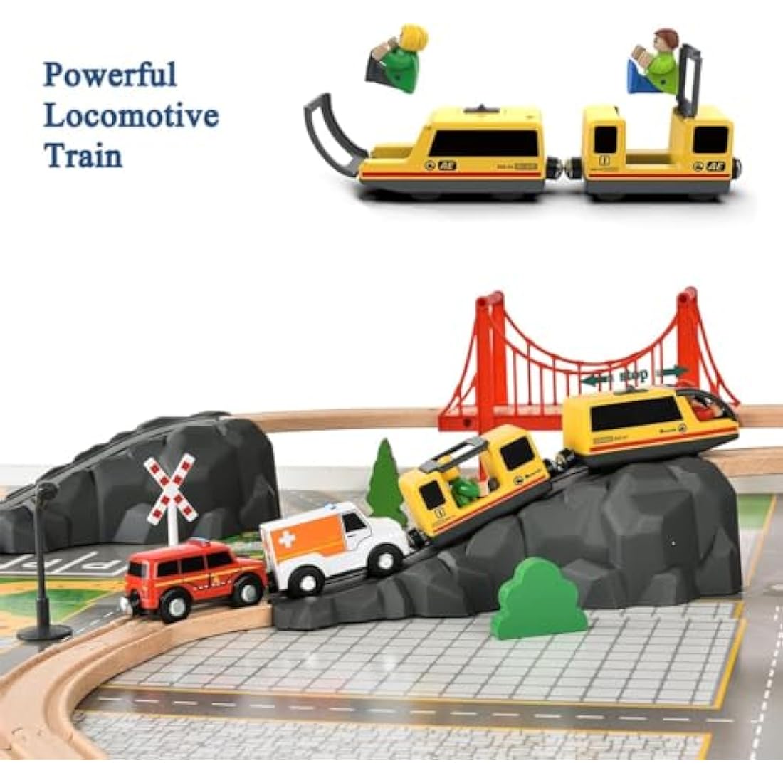 Giant bean Wooden Train Set 72 PCS, Wooden Train Tracks & Train Toys, Toddler Model Train Set, Toy Railway Kit for Kids Age 3 4 5 Year Old,Gift for Boys and Girls (Fire Station Theme)