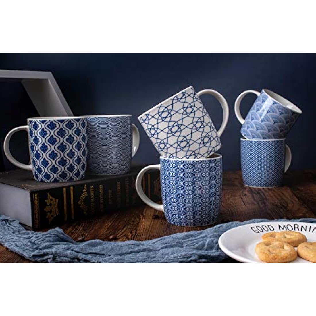 MACHUMA Set of 6 Coffee Mugs 340 ML/11.5 oz with Blue and White Geometric Patterns, Ceramic Tea Cup Set 6 Pack