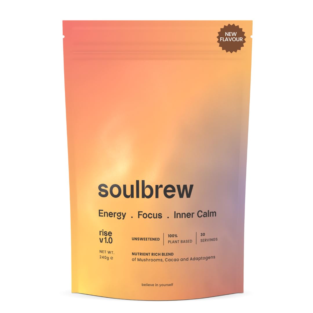 SoulBrew Rise Unsweetened Mushroom Coffee Alternative - with Lion's Mane, Cordyceps, Chaga, Maca, Ashwagandha & Cacao ? Gut Friendly Nootropic