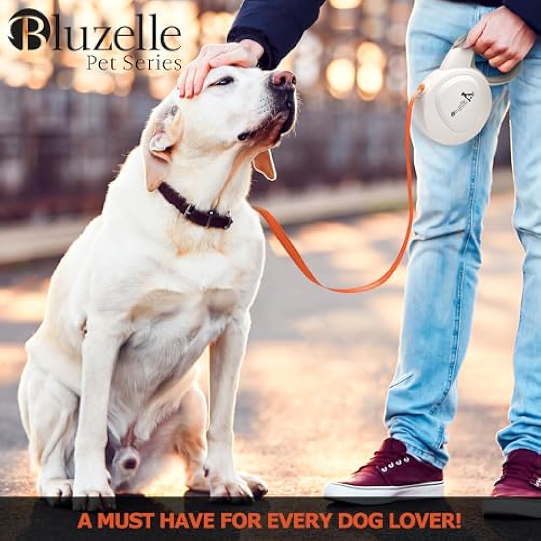 bluzelle 8m / 26ft Retractable Leash for Dogs up to 50kg / 110lbs, Bright Neon Orange Reflector Nylon Belt with 360° Snap Hook Metal, Reliable Braking One-Hand Ergonomic Rubberized Handle, White