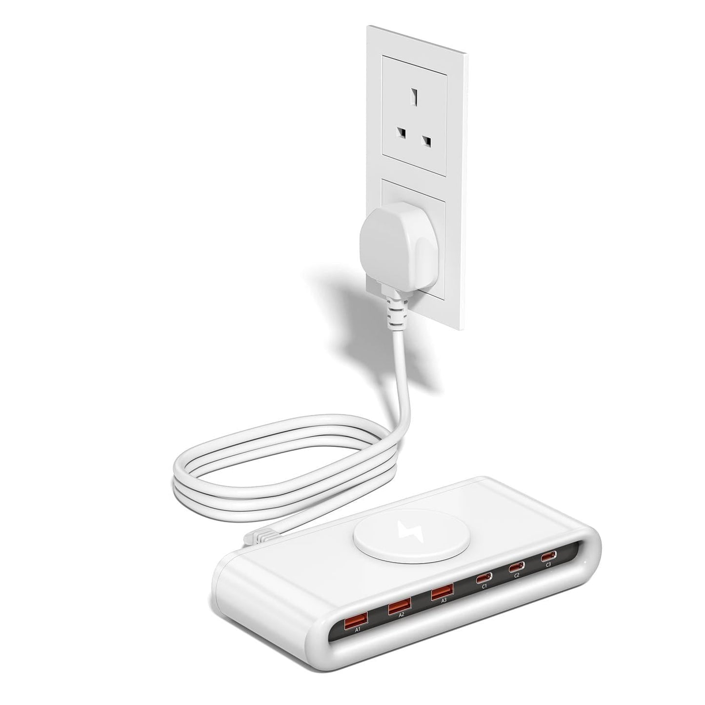 6 Port USB C Charging Station with 10W Magnetic Wireless Charger, 145W Desktop Power Hub, QC3.0 & PD45W Fast Charge for iPhone 16/15/14,iPad, Samsung