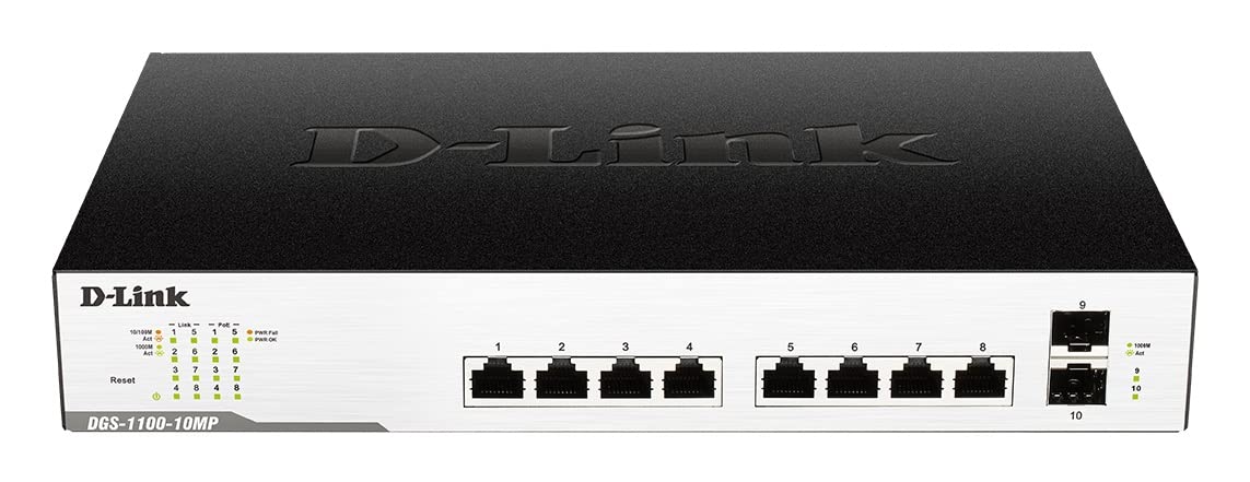D-Link DGS-1100-10MPV2/B - 10-Port Gigabit PoE Smart Managed Switch with 8 PoE and 2 SFP Ports, 130W PoE power budget, 802.3af/at, VLAN, layer 2