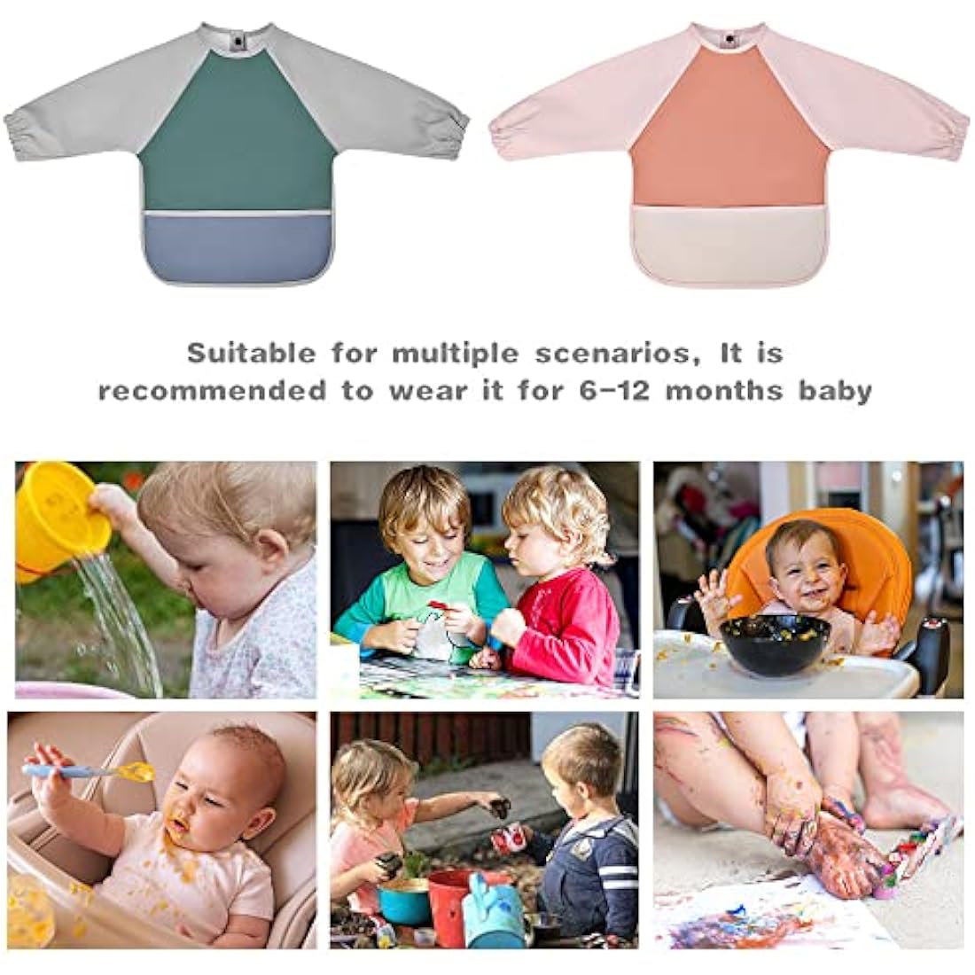 Vicloon Baby Weaning Bibs, PU Feeding Bibs With Long Sleeves, Waterproof Toddler Bibs Easy to Clean, Suitable for Babies From 6 Months to 12 Months(Green)
