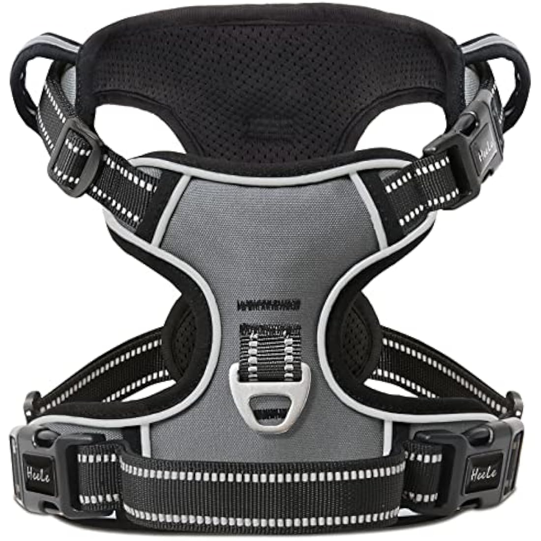 HEELE No Pull Dog Harness - Large, Reflective, Adjustable with Front & Back Leash Attachments & Soft Padded Control Handle - Grey, L