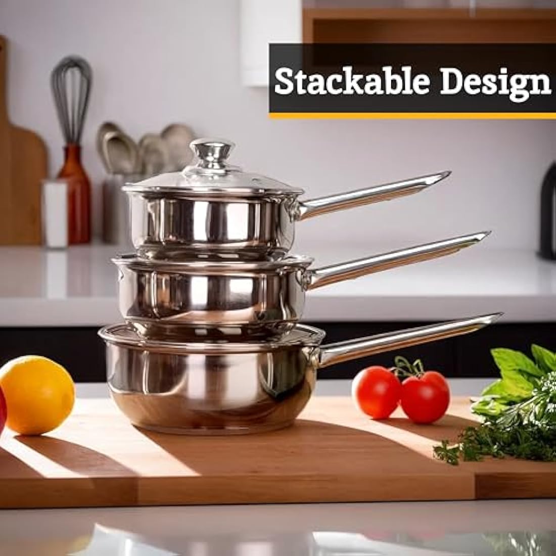 Premier Housewares Stainless Steel Saucepan Set, 3 Piece Set with Glass Lids,Silver,H14 x W40 x D26cm