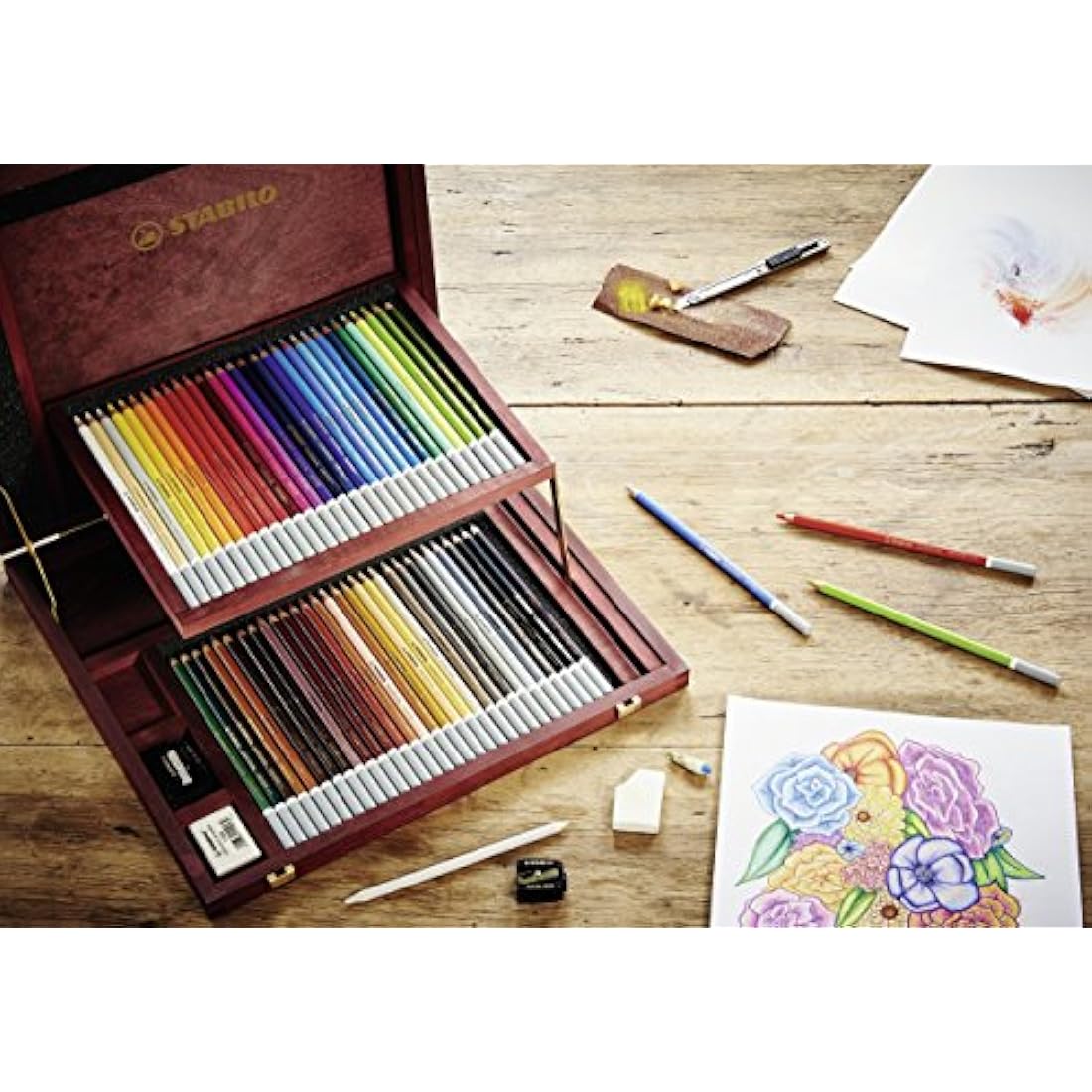 STABILO CarbOthello - Chalk-Pastel Pencil - Wooden Box of 60 - Assorted Colours with Sharpener, Kneaded Eraser and Blending Stump