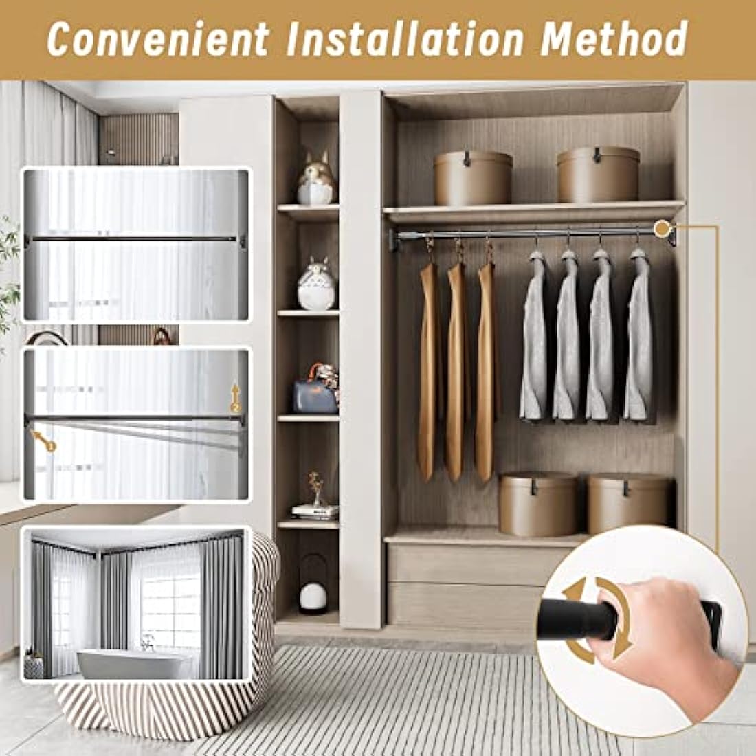 Heavy Duty Tension Pole - 33mm Steel Clothes Rail & Curtain Rod 110-200cm, No Drill Telescopic Pole, Supports 80kg,Multi-Purpose for Drying, Hanging, Bathroom, Kitchen, Wardrobe