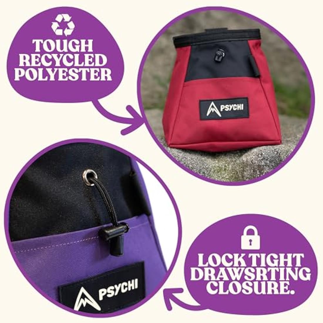 Psychi OG Climbing Chalk Bag Bucket Bundle - Starter Pack for Rock Climbing, Gym, Weightlifting - 7 Fun Colour Options - Includes Chalk Bucket, Loose Climbing Chalk & Bouldering Brush