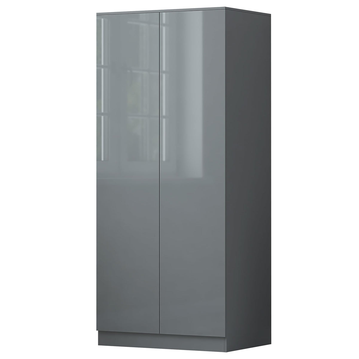 FWStyle Matt Grey 2 Door Wardrobe with Grey Gloss Doors, Scandinavian Modern Bedroom Storage Furniture with Push to Open Handleless Design and Soft