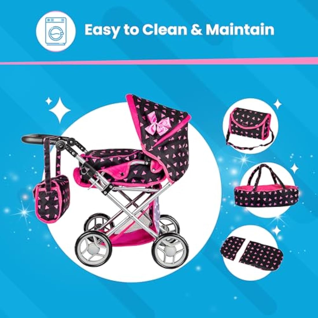 Kinderplay Dolls Pram | 3-in-1 Toy Pram | Baby Doll Pram - Toy Pushchair | Dolls Buggy | Dolls Pushchair | Doll Stroller with Adjustable Handle (36.5-64 cm), model KP0200R
