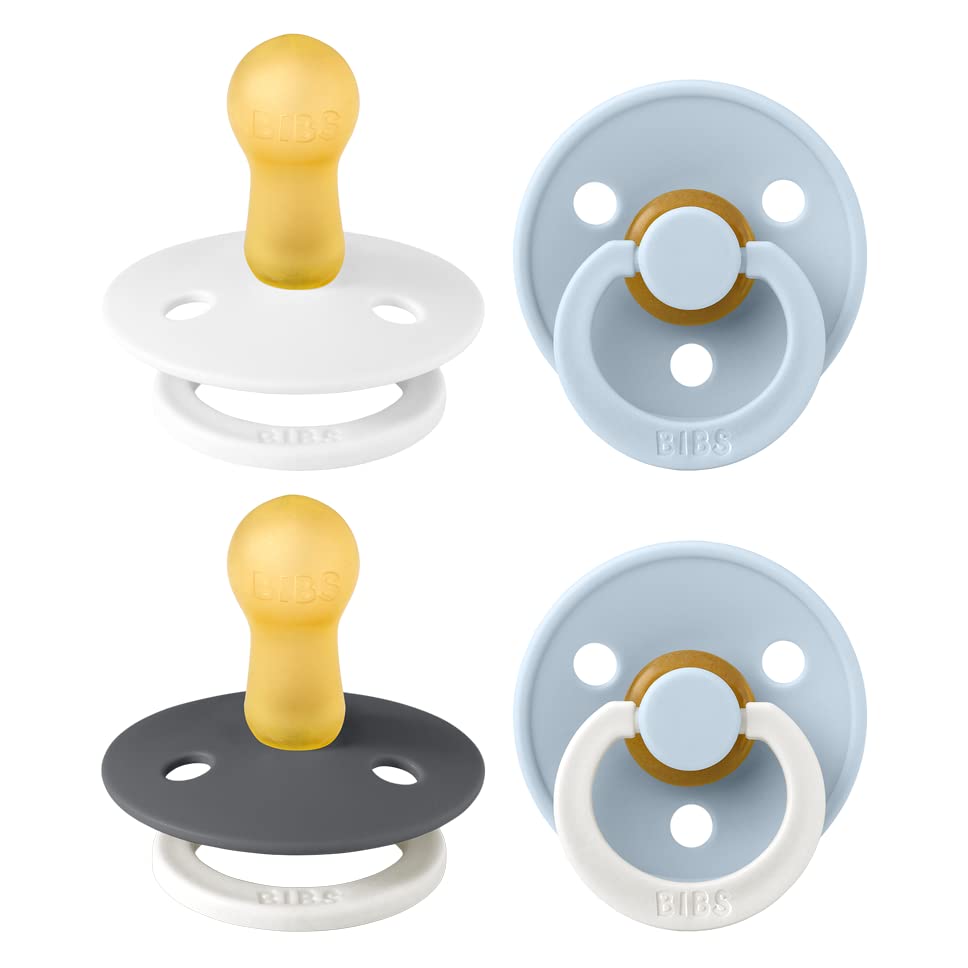 BIBS Dummies Colour 4-Pack, BPA Free Dummy Pacifier, Round Nipple Soothers, Natural Rubber Latex, Made in Denmark. 6-18 Months (Pack of 4), White Glow