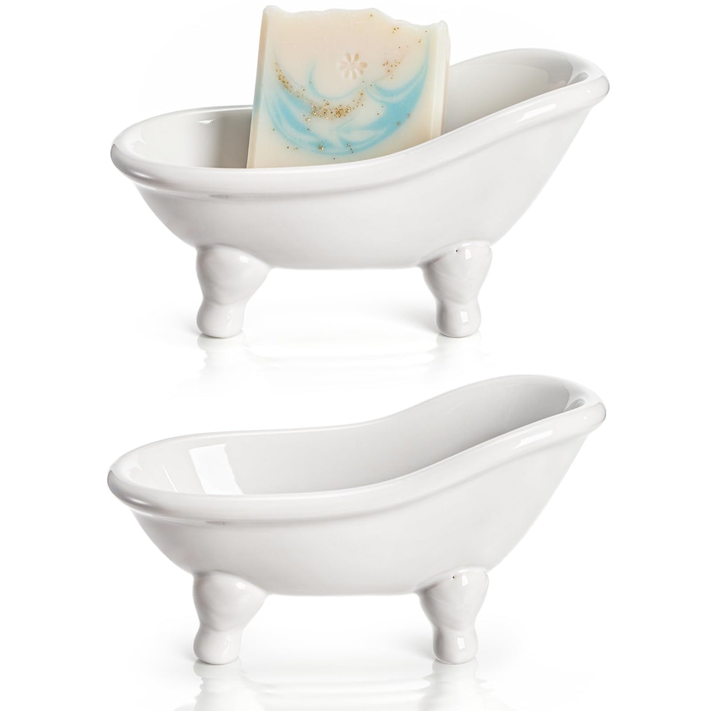 DEAYOU 2-Pack Ceramic Soap Dish, Mini Bathtub Soap Holder, Small White Soap Dish with Drain, Porcelain Cute Bar Soap Tray for Shower, Bathroom, Decor,