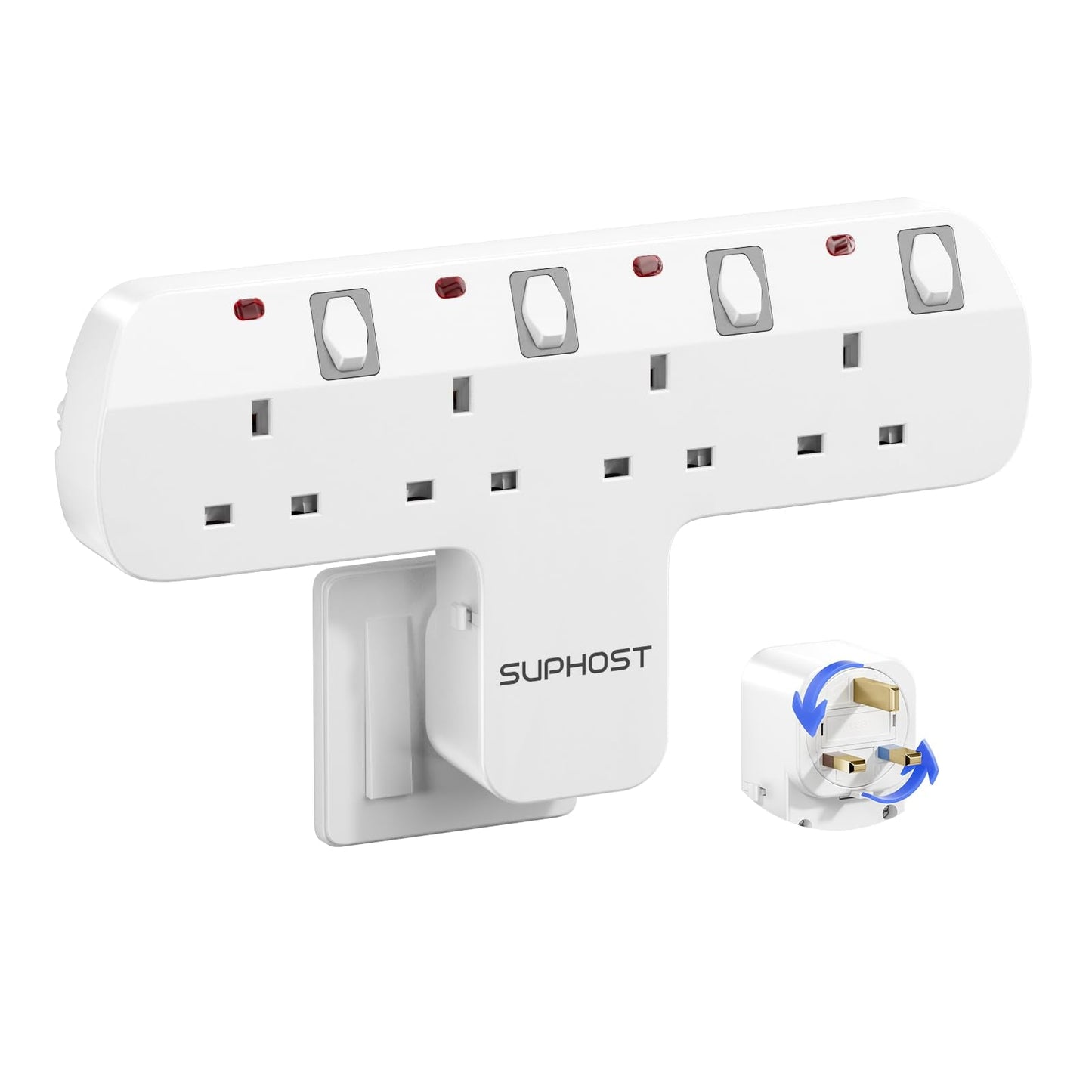 SUPHOST Plug Extension Socket, 4 Way Plug Adapter with 180 Degree Rotating UK Plug, 13A Fused Multi Plug Adaptor with 4 Independent Switches, Wall