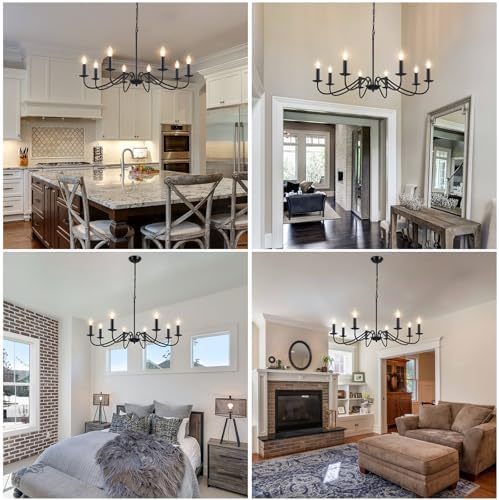 MRHYSWD Black Chandelier, 8 Lights Black Light Chandeliers Ceiling Lights Living Room, Industrial Vintage Chandeliers for Bedroom Kitchen Hall Lounge - Height Adjustment - E14 Base Without Bulbs