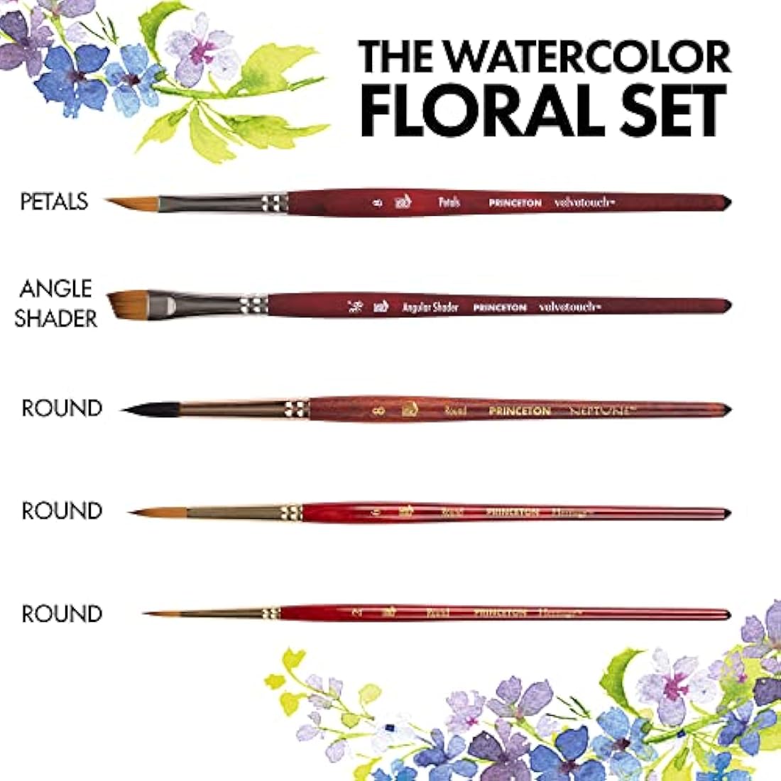 Princeton Watercolour Floral Set, 5 x Mixed Brushes, Watercolour, Short Handle, for Professionals & Students