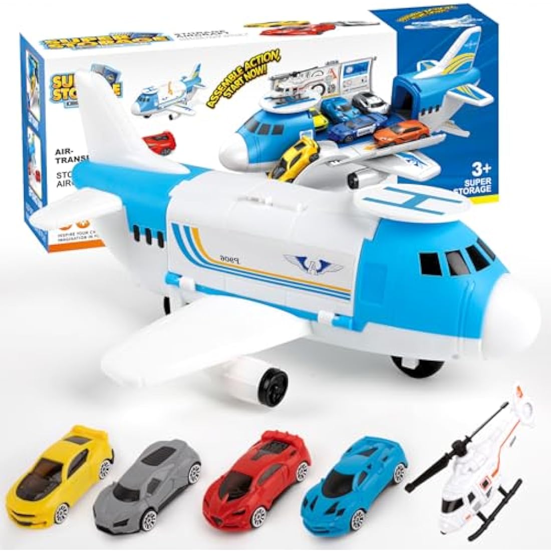 m zimoon Transport Airplane, Transport Cargo Plane Car Kids Toys Set with 4pcs Cars, 1pcs Helicopter Toy and 1pcs DIY Stickers Gift Toys for Boys Girls