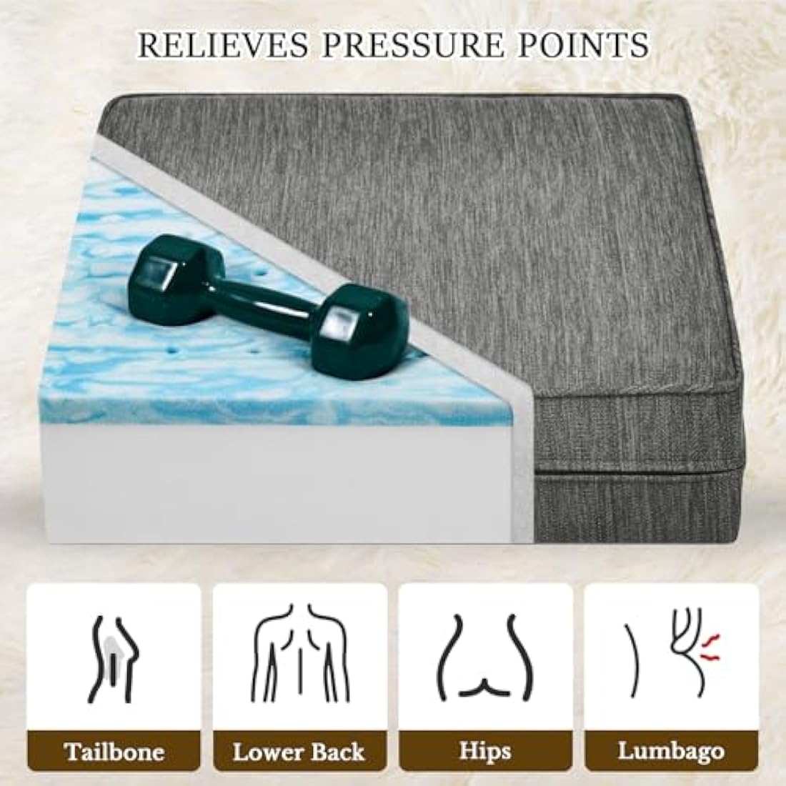 baibu Large Dual-Layer Memory Foam Chair Seat Cushion for Recliner, Couch, Armchair with Textured Washable Cover, Non-Slip Base for Tailbone Pain & Pressure Relief, 50x50x12.7cm -Grey