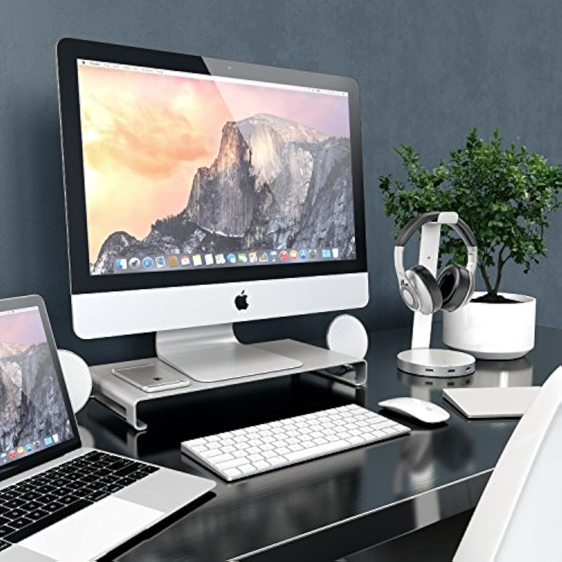 Desire2 Monitor Stand Riser, Silver Aluminium Metal Desk Shelf, Designed for iMac Stand, Macbook, Laptop Screen Riser, Slim Computer Stands, Printer, Office Organisation, Computer Accessories for Desk