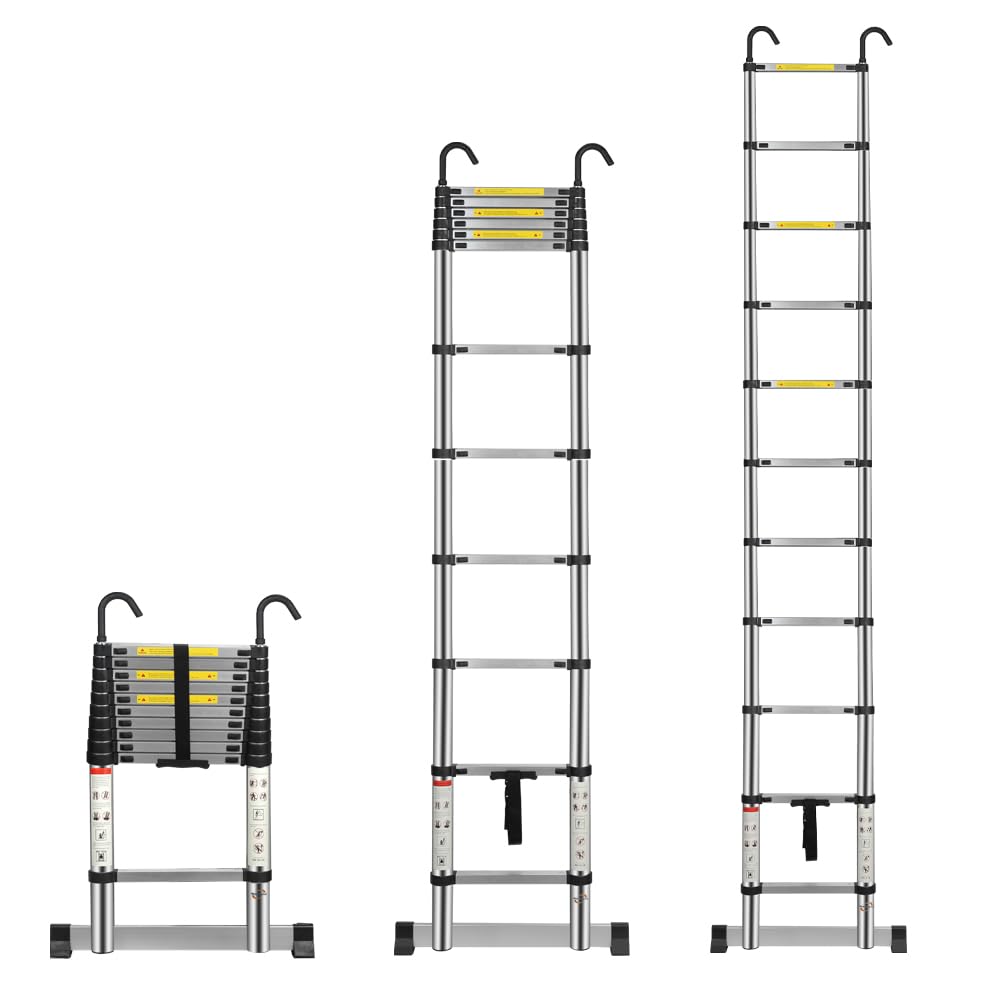 Multibao Telescopic Ladder 3.2M 10.5FT Aluminium Extension Loft Ladder with Stabilizer Bar and Detachable Hooks, Multi Purpose Extendable Portable