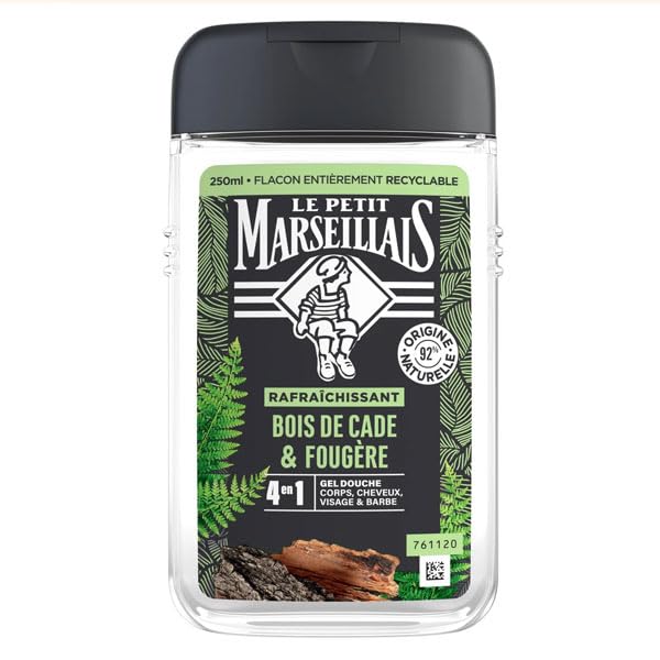 Le Pe Marseillais - Shower Gel for Men, Cade Wood & Fern (250 ml Bottle), 4-in-1 Formula for Body, Hair, Face & Beard, 92% Ingredients of Natural