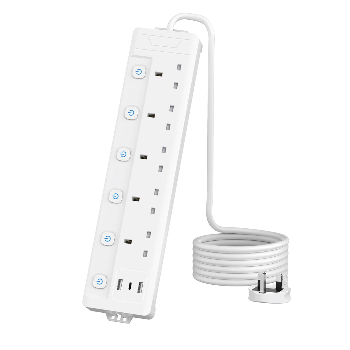 2M 5 Gang Extension Lead with 3 USB Slots (2 USB-A,1 USB-C), Individually Switched Extension Lead with USB Slots, White 2 Metre Extension Lead, For