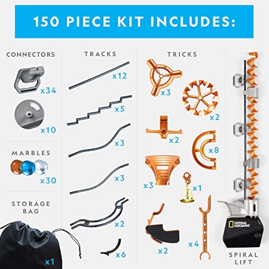 NATIONAL GEOGRAPHIC Magnetic Marble Run - 150-Piece STEM Building Set for Kids & Adults with Magnetic Track & Trick Pieces & Marbles for Building A Marble Maze On Any Magnetic Surface