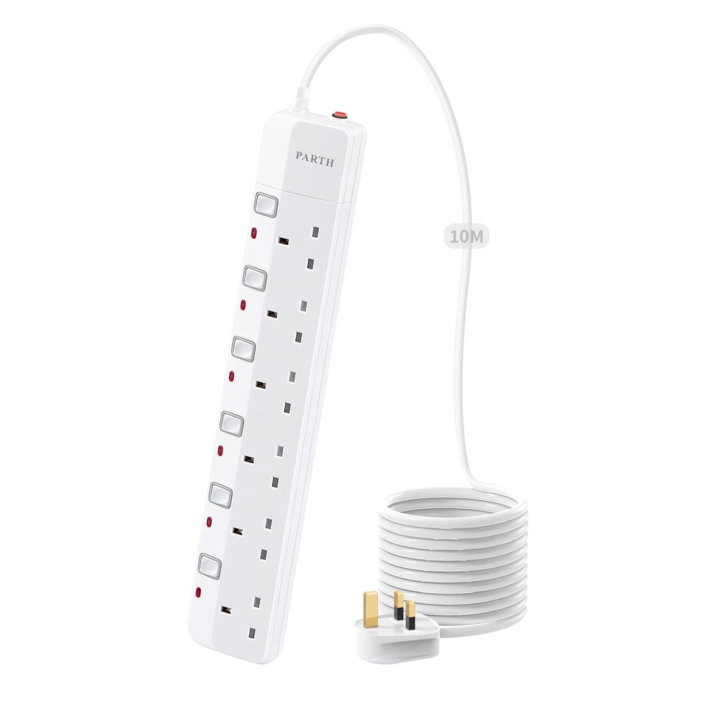 PARTH Surge Protected Extension Lead 10m Cable - 6 Plugs Extension Socket 10 Metre - Extra Long Heavy Duty Power Extension Cord with Switches/Wall