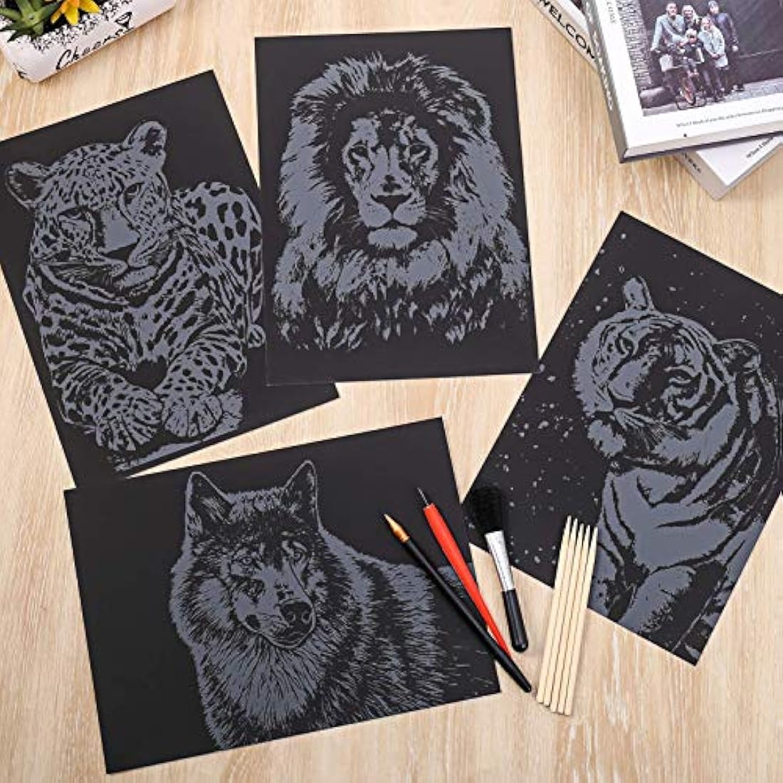 metagio 8PCS Scratch Art Paper A4 Animals Art Paper Rainbow Painting Engraving Art Sets with Scratch Drawing Pens and Cleaning Brush