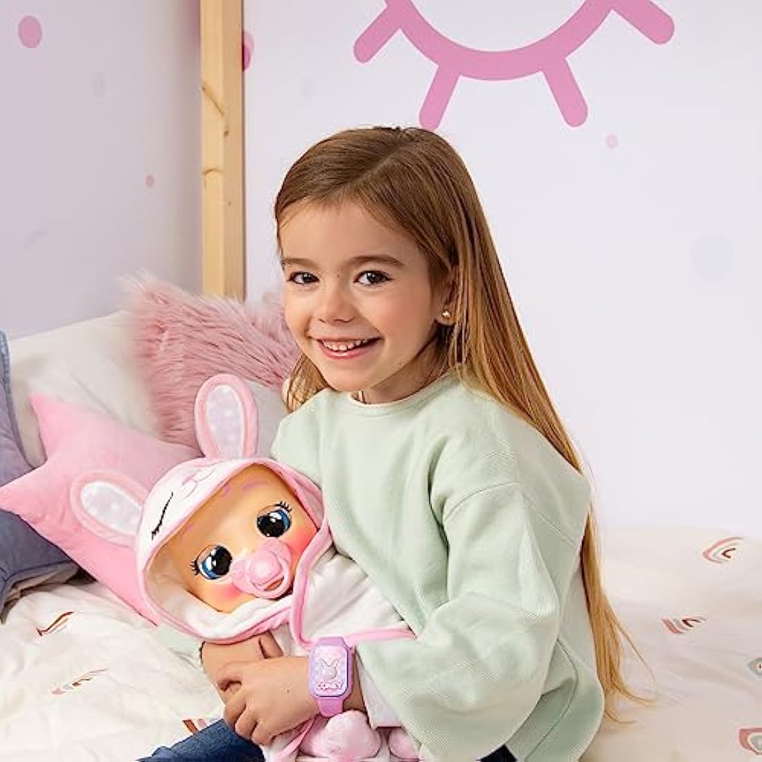 Cry Babies Newborn Coney - Deluxe Interactive Newborn Doll with A Smart Bracelet, Real Tears and Baby Accessories-Gift Toy for Girls and Boys Ages 18 Months and Up, Pink