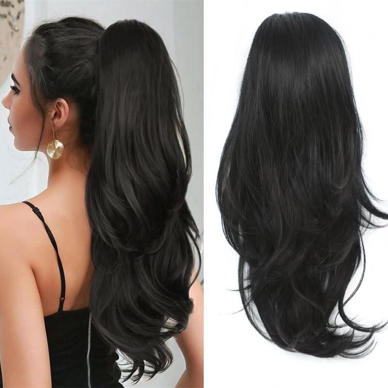 Nexyshe Ponytail Extensions Natural Black Drawstring Ponytails Hair Extensions 20inch Wavy High Layered Pony Tail Hair Pieces for Women Soft Hair